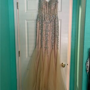 Jovani Beige and Silver Embellished Dress